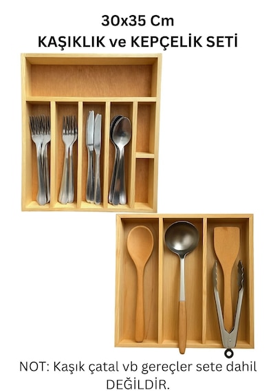 30x35 Cm Çok Bölmeli Ahşap Kaşıklık Ve Kepçelik Seti - Çekmece Düzenleyici- Ahşap Organizer