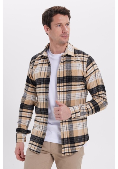Tudors Erkek Slim Fit Dar Kesim Kareli Kışlık Oduncu Gömlek-42191 Vizon