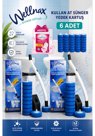 2 Adet Tuvalet Temizlik Seti+60 Adet Kullan At Adet Deterjanlı Tuvalet Yedek+pembe Köpük Hediye Gri