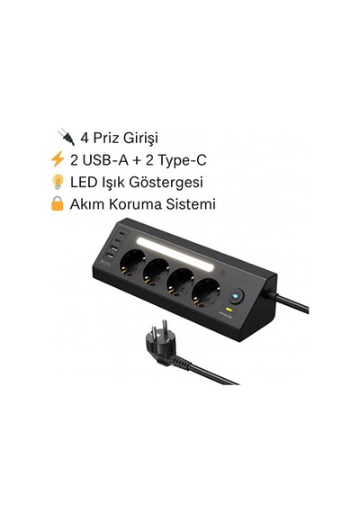 Lexroo Smayling Akım Korumalı Çoklu Priz 4 Priz Girişi + 2 Usb-