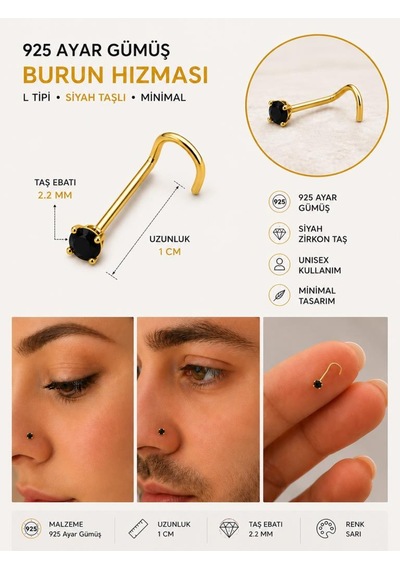 925 Ayar Gümüş Siyah Taşlı Sarı Renk Burun Hızması Piercing Minimal L Şekilli Unisex Nose Stud