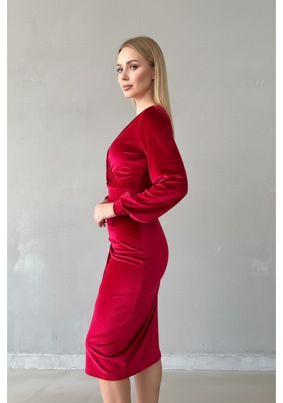 Defymoda Kadın Asimetrik Kesim Kruvaze Elbise Kırmızı