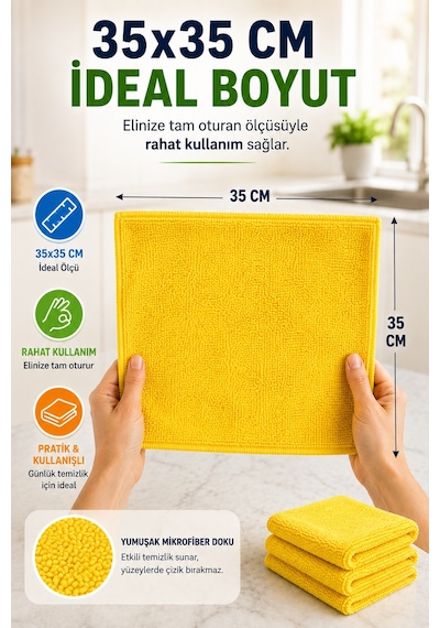 Sarı 3'lü Mikrofiber Temizlik Bezi 35x35 Cm Çok Amaçlı Mutfak Cam Banyo Silme Ve Kurulama Bezi
