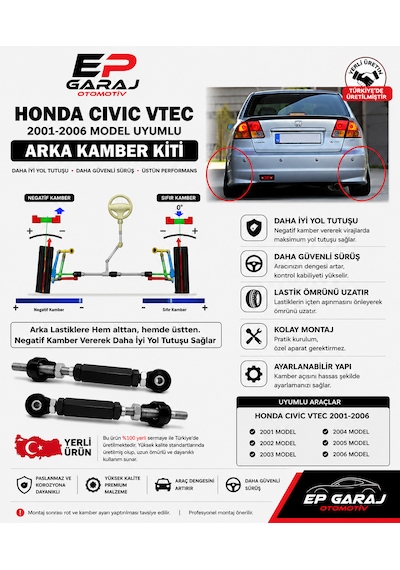 Honda Civic Vtec 2001-2006 Model Uyumlu Ayarlanabilir Arka Kamber Kiti Yerli Üretim 0