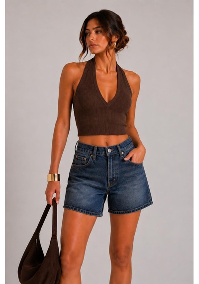 Alexandergardı Sırtı Açık Fitilli Crop Top Açık Kahverengi