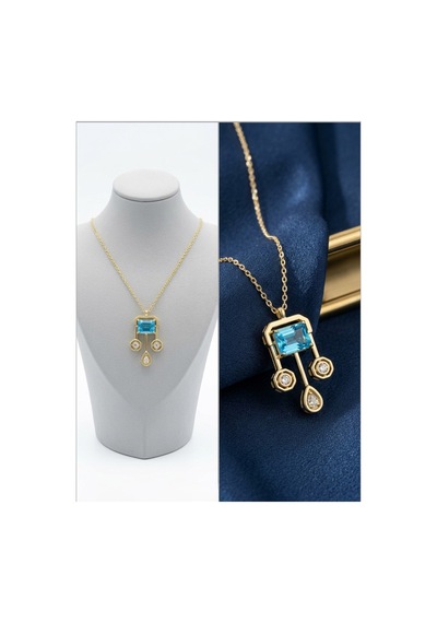 Mavi Taşlı Gold Kolye