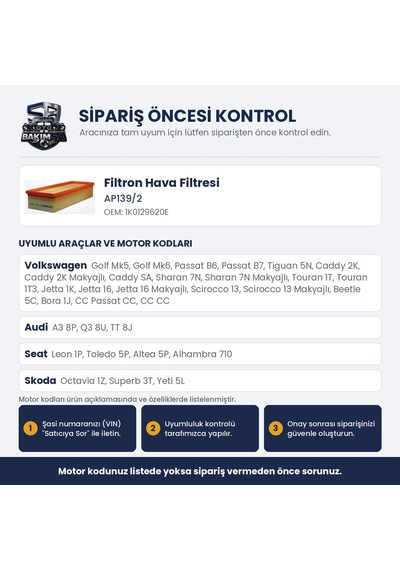 Filtron Ap139/2 Hava Filtresi - Golf 5-6 / Passat B6-b7-cc / Octavia 2 1.6-2.0 Tdı / 1.4-2.0 Tsı