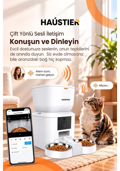 Qq025-dual Kameralı Akıllı Otomatik Kedi Mama Kabı, 480p, Gece Görüşlü, 2.4ghz, 4lt, Çift Metal Kase