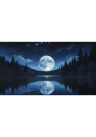 Doğa Ve Manzara Yatay Sakin Bir Gölün Üzerinde Parlayan Dolunay Suda Yansıyan Yıldızlar 03 Çerçevesiz 90x60cm Pvc Tablo