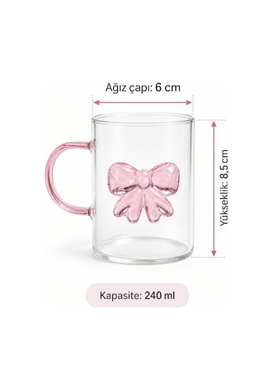 6 Lı 240 Ml Pembe Fiyonk Kurdele Detaylı Cam Kupa Seti Çay Kahve Bardağı Şeffaf