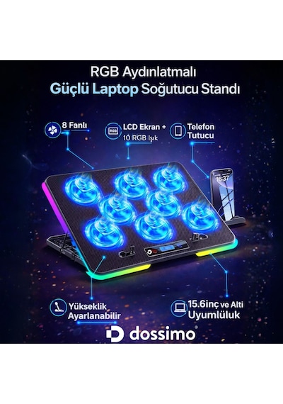 Nitro Rgb Işıklı 8 Fanlı Lcd Göstergeli 2 Usb Girişli Yükselebilen Notebook Soğutucu S23