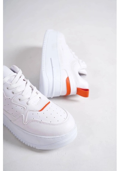 Mevese Avela Kalın Taban Bağcıklı Günlük Kadın Sneaker Beyaz Turuncu Detaylı