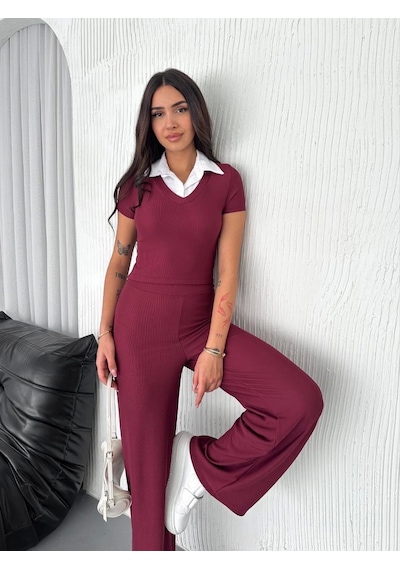 Kazax Ottoman Kumaş Beyaz Gömlek Yaka Takım S4142 Bordo