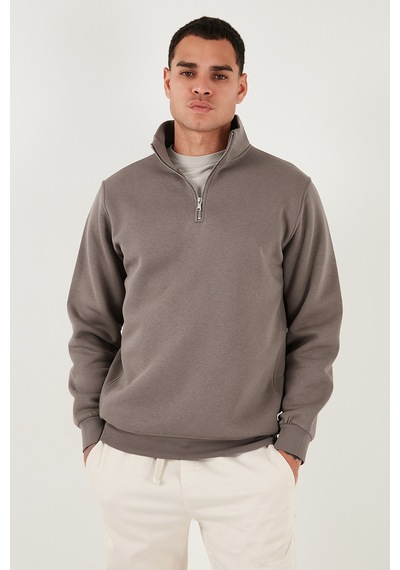 Buratti Pamuklu Regular Fit Yarım Fermuarlı Dik Yaka Erkek Sweat 59052592 Toprak