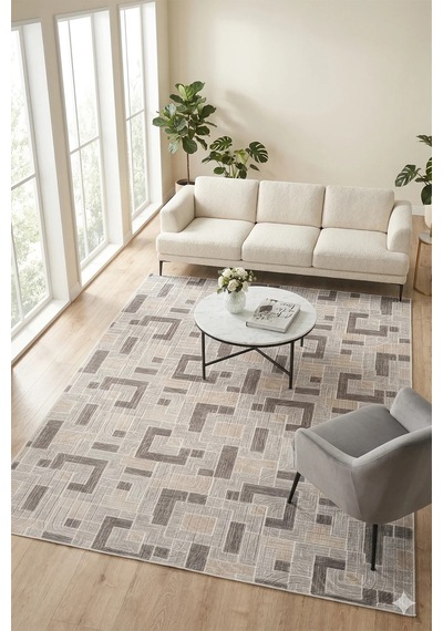 Villadia Home Textile Modern Desen Baskılı Kaymaz Taban Elit Şık Dört Mevsim Yıkanabilir Halı Yolluk Oturma Salon Odası Vd1108gri Gri