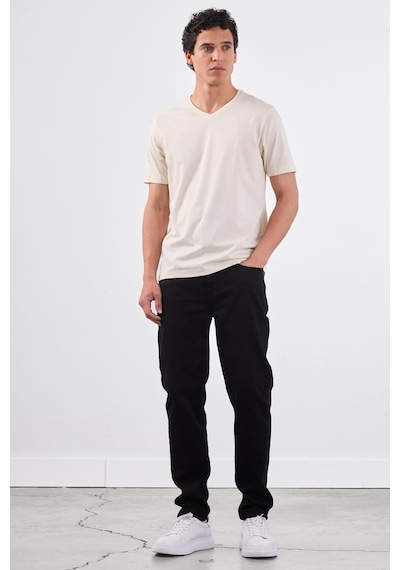 Dufy Ekru V Yaka Pamuklu Düz Renk Slim Fit Erkek T-shirt Ekru