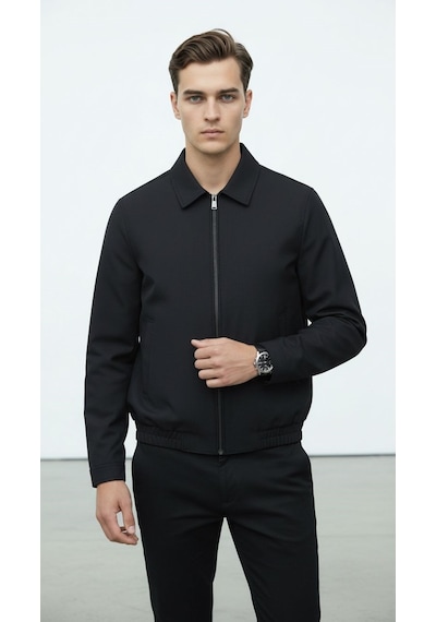 Plus Scorpion Erkek Slim Fit Bomber Fermuarlı Mont Ceket Esnek Kumaş Günlük Şık Casual Ceket Siyah