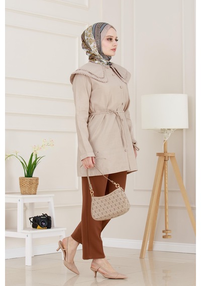 Sevitli Çift Yaka Dantelli Tunik-vizon-4980 Vizon