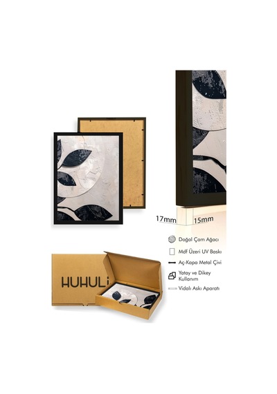 Doğal Ahşap Çerçeveli Minimal Yaprak Desenli Tablo - Pastel Huhu1282