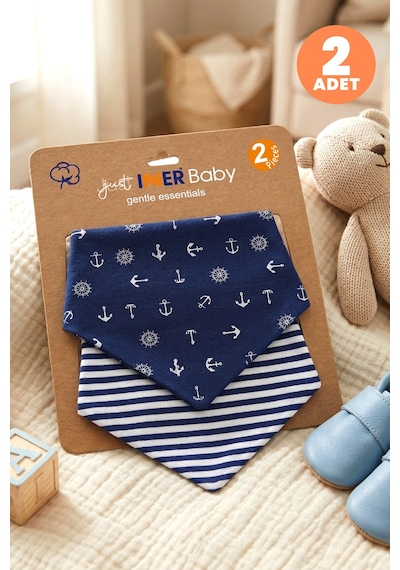 Just Inner Erkek Bebek 2'li Pamuklu Üçgen Fular Önlük Denizci ve Çizgili Desenli Çıtçıtlı Çift Katlı 584403 Mavi