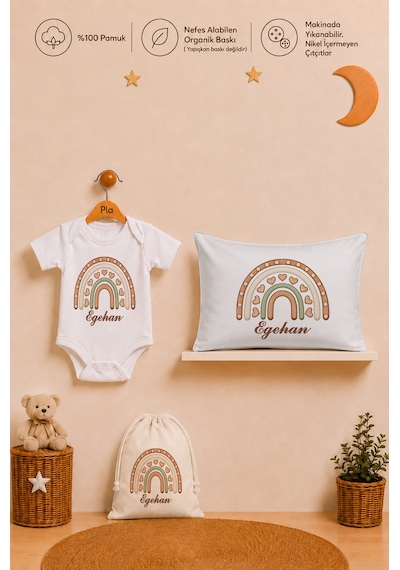 Pia Baby İsme Özel Erkek Bebek Hediyesi %100 Pamuk Organik Baskılı Body Yastık Kılıfı Ve Ham Bez Kıyafet Kesesi 1047byk0x Ekru