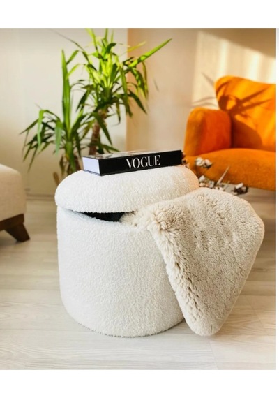 Handmade X Large Beyaz Tedy Kumaş Sandıklı Silindir Dekoratif Pufidik Puf Bench Beyaz