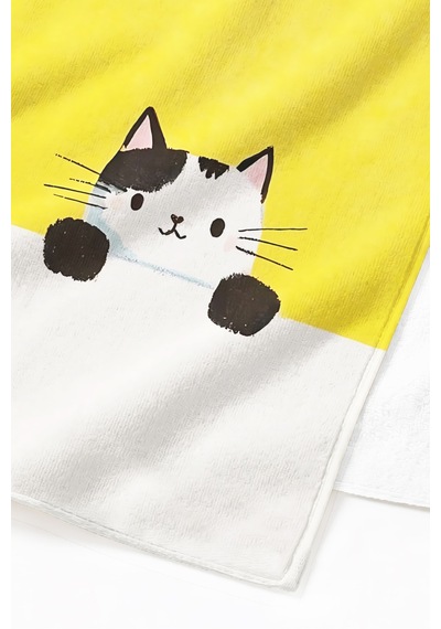 Kedi Figürlü Sarı Çocuk Plaj Havlusu - Sevimli Minimalist Beyaz Çocuk Hızlı Kuruyan Mikrofiber Havlu Pastel Melon