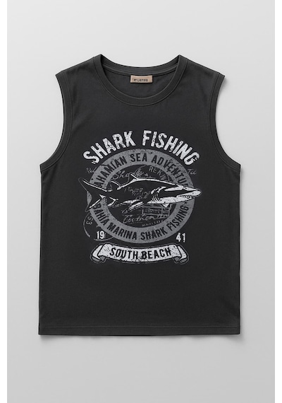 Markapia Man Erkek %100 Pamuk Bisiklet Yaka Shark Baskılı Kolsuz T-shirt Füme