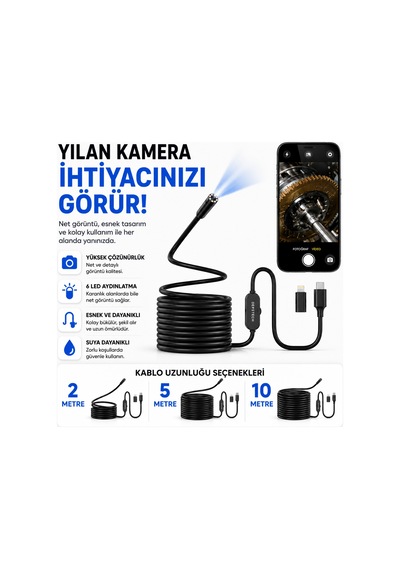 Uninet iPhone Uyumlu Ve Android Uyumlu 2 Kameralı 5metre Kablolu Endoskop Yılan Kamera
