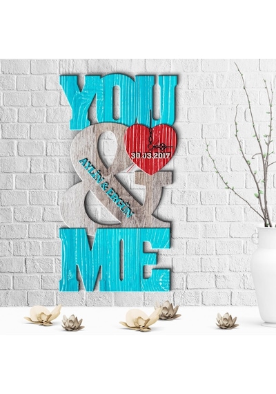 Kişiye Özel İsimli You & Me Tasarımlı Ahşap Duvar Saati - 1 Çok Renkli