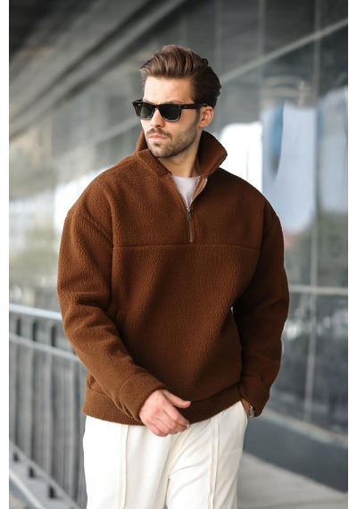 Madmext Kahverengi Yarım Fermuarlı Dik Yaka Polar Sweatshirt E7165 Kahverengi