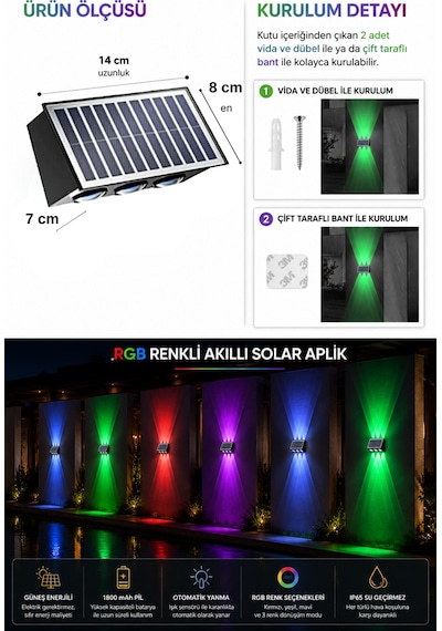 2 Adet Güneş Enerjili Rgb Solar Aplik 6 Led, Renkli Işıklı Otomatik Yanan Dış Mekan Duvar Lambası, Bahçe Balkon Teras Aydınlatması
