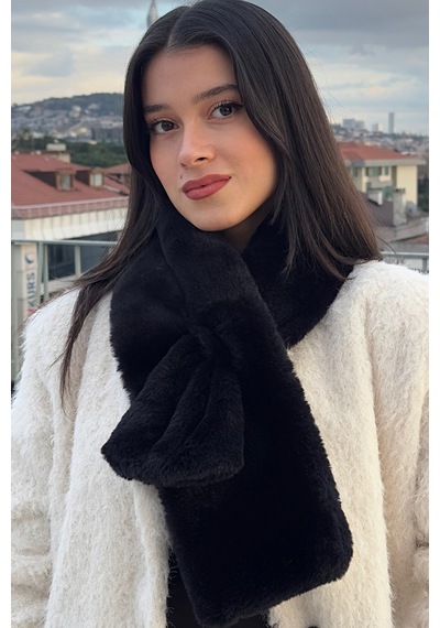 Mollycrush Kadın Siyah Peluş Atkı Kışlık Şık Suni Kürklü Siyah
