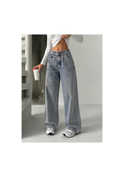 Bluemarlin Tam Kalıp Tintli Yüksek Bel Ön Arka Pensli Bol Paça Baggy Jeans Tintli