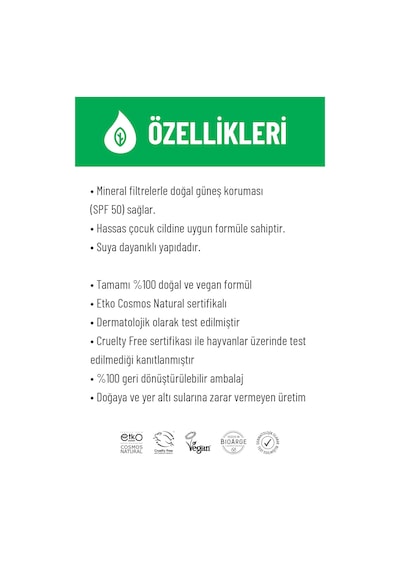 Siveno %100 Doğal Bebek Güneş Kremi Leke Karşıtı  Nemlendirici Bitkisel Vegan UVA UVB SPF 50+ 50 ML