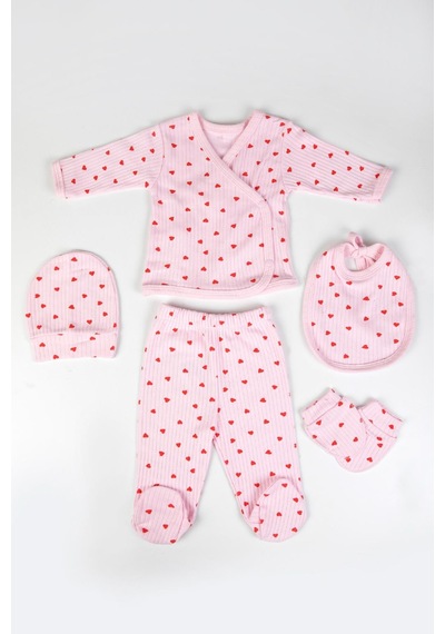 Baby Shez %100 Pamuklu Fitilli 5 Parça Yenidoğan Hastane Çıkışı Kalpli Zıbın Set Pembe