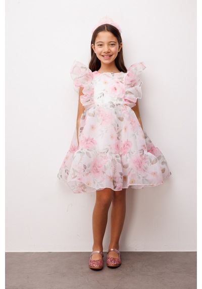Le Mabelle Pembe Çiçek Desenli Organze Kız Çocuk Elbise - Uliana Pembe