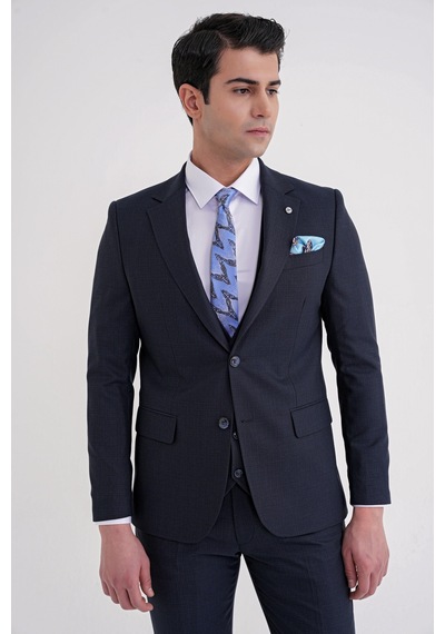 Efor Slim Fit Mono Yaka Çift Yırtmaç Armürlü Esnek Yünlü Lacivert Yelekli Klasik Takım Elbise Tk 933 Lacivert