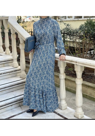 Lasorella Butik Desenli Mavi Uzun Elbise