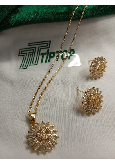 Tiptop/ Gold Renk Zirkon Taşlı Güneş Model Kolye Ve Küpe Set Gold
