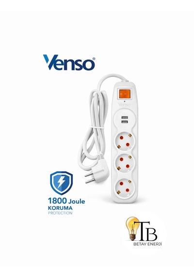 Venso Akım Korumalı 3 Lü Grup Priz 2 Usb Li, 1.5 Metre Kablolu 1,5 m