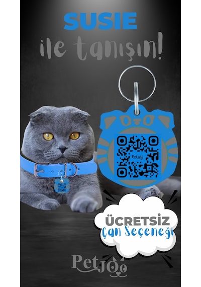 Petjoo 3.Susie Gri-Mavi Qr'lı Kedi Künyesi