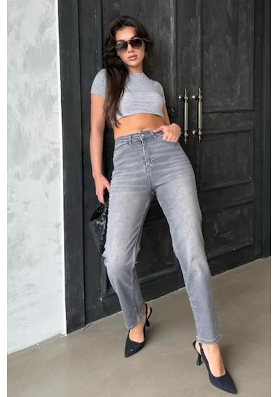 Gri Yüksek Bel Kadın Mom Fit Pantolon Mg2389