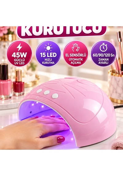 45w Uv Led Oje Kurutucu Makinesi 15 Led, El Sensörlü, 60/90/120 Sn Zaman Ayarlı, Kedi Desenli Pemb