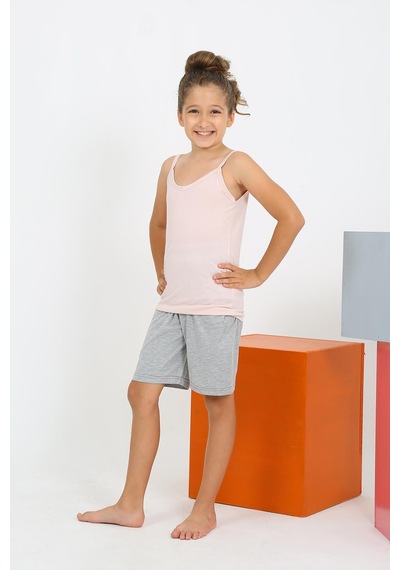Akbeniz Kız Çocuk İp Askılı Şortlu Penye Pembe Pijama Takım 20430