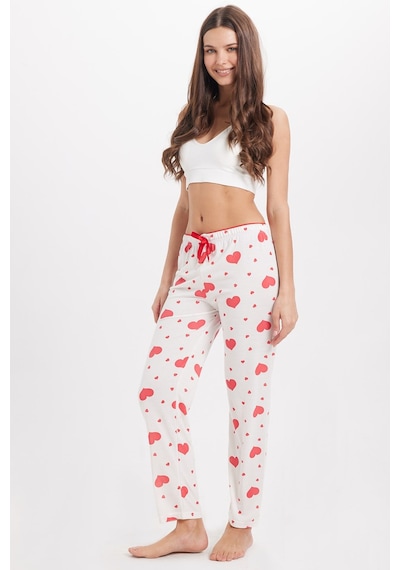 Tudors Kadın Regular Fit Klasik Kesim Viskon Beli Lastikli Fiyonk Detaylı Baskılı Beyaz Pijama Altı-51008