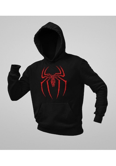 Sevbano Spider-man Logo Baskılı Unisex Oversize Örümcek Adam Hoodie Siyah