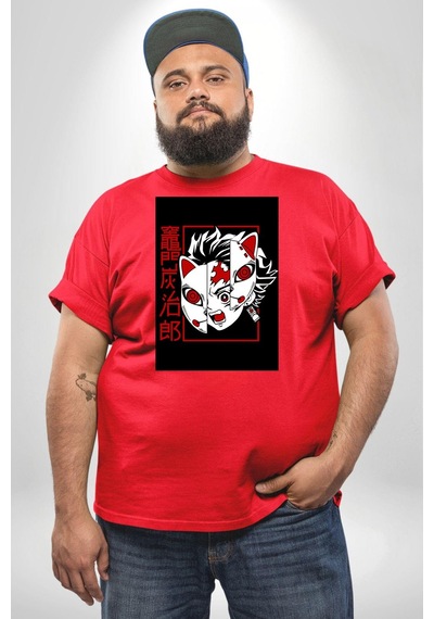Angemiel Anime İblis Avcısı Kimetsu No Yaiba Maske Kırmızı Büyük Beden Erkek Kadın Unisex Basic Ön Baskılı Tişört Kırmızı