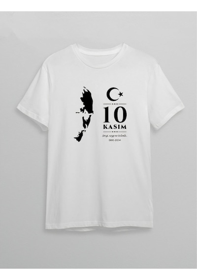 Novalisse 10 Kasım Atatürk Anma Günü Silüet Baskılı Oversize Bisiklet Yaka T-shirt - Beyaz Çoklu Renk