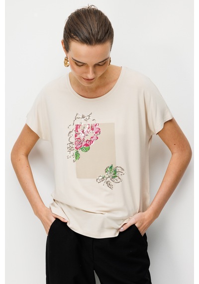 Kadın Sıfır Yaka Önü Payet Güllü Penye T-shirt Bej Bej